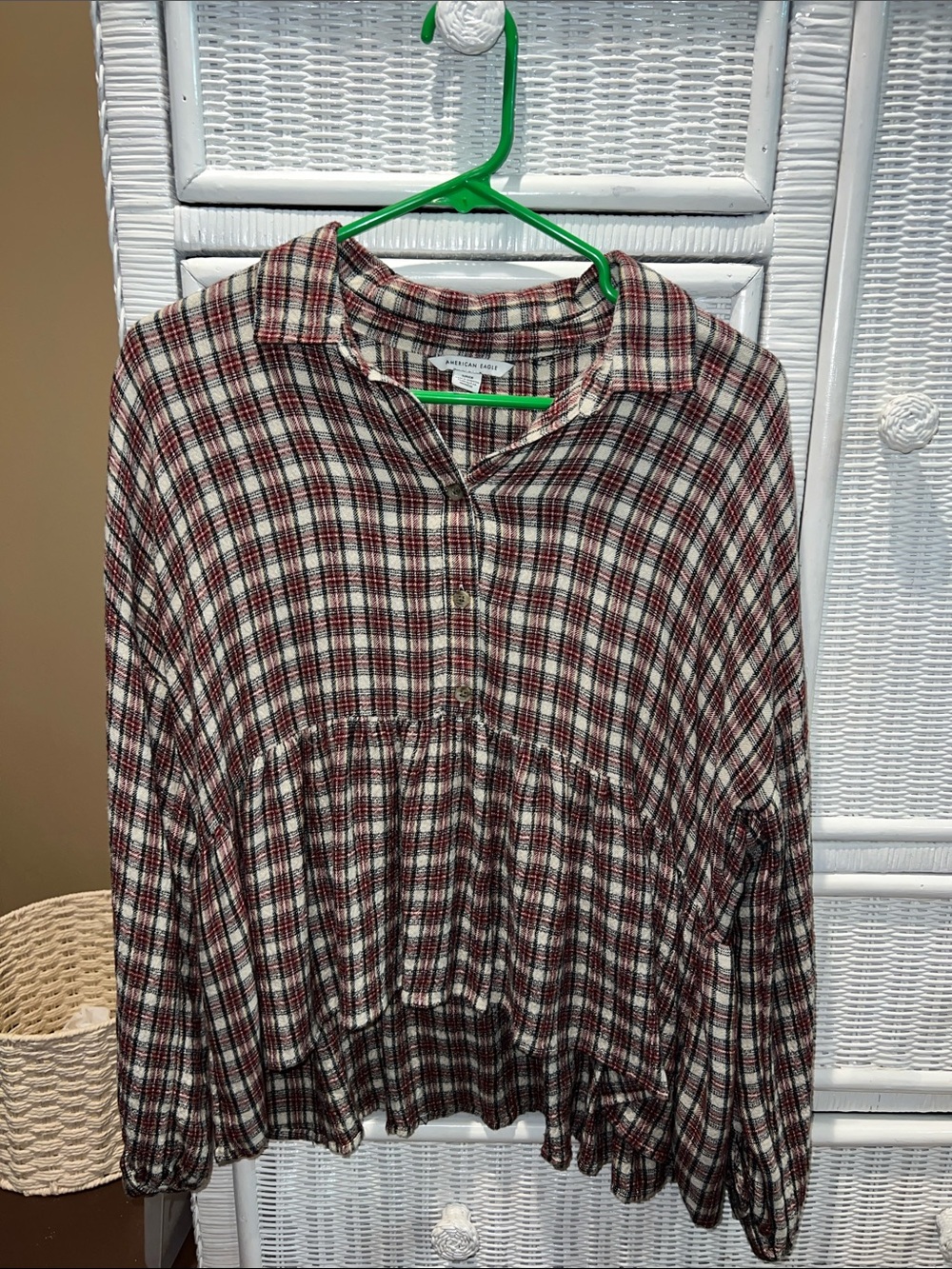 American Eagle Outfitters Red and White Plaid Peasant Blouse